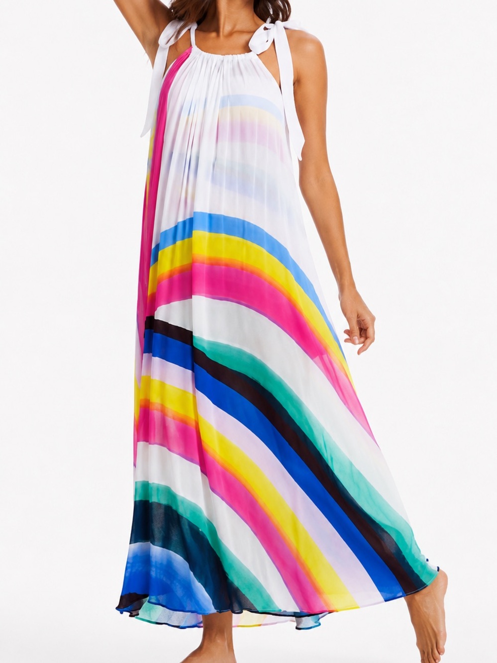 SUNSHINE 79 White Maxi Dress Swimsuit Coverup w Multicolor Curved Stripes
